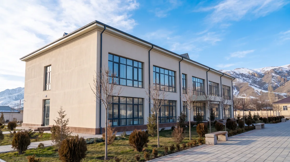 Recently renovated public building with a well-insulated facade and new energy-efficient windows in a Central Asian town