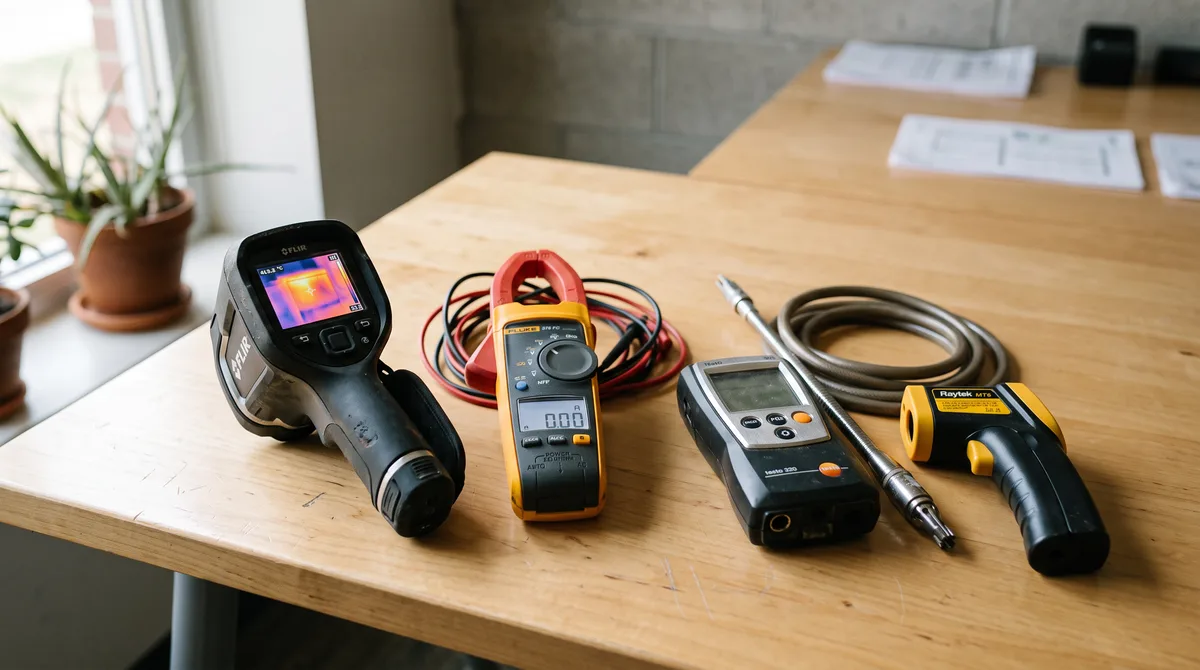 Energy-audit field instruments — thermal imaging camera, clamp power meter, flue-gas analyzer and infrared thermometer — laid out on a desk