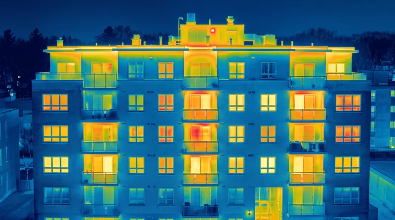 Infrared thermographic view of a building facade showing heat loss around windows and balconies