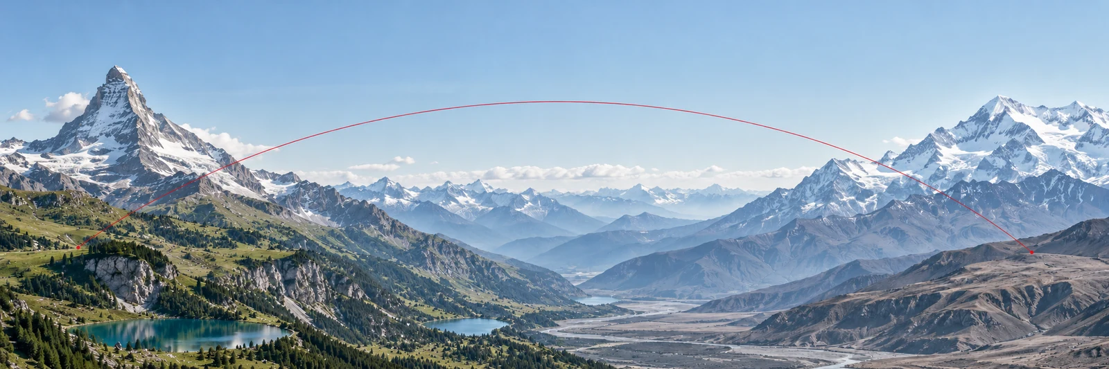 Conceptual panorama with the Matterhorn, alpine lakes and Tian Shan mountains connected by a fine red arc
