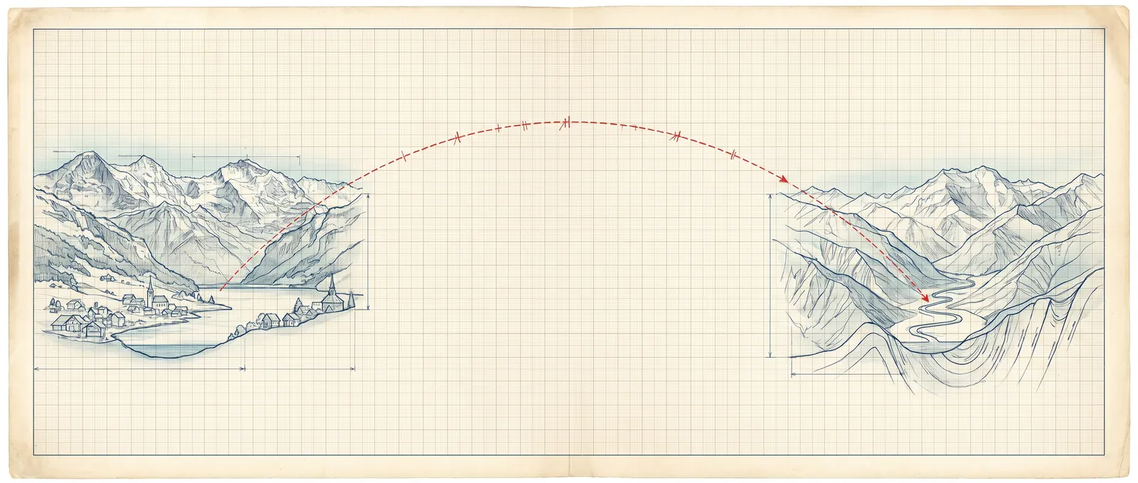 Engineering panorama drawing: the Swiss Alps connected to the Tian Shan mountains by a plotted red arc