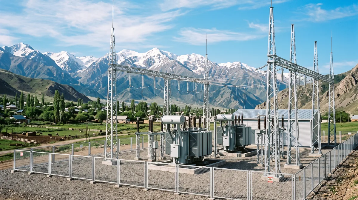 Rural distribution substation with a new smart-meter cabinet in Kyrgyzstan