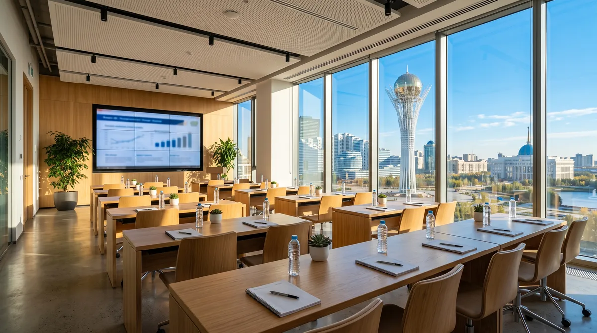 Training room prepared for a seminar in an Astana office tower, city skyline behind