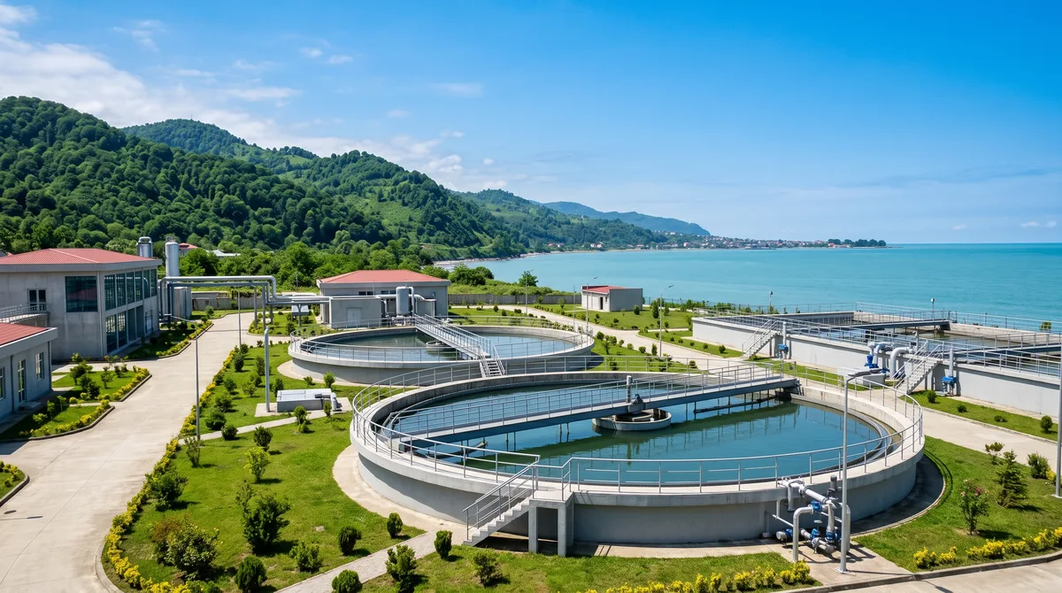 Clarifier tanks of a wastewater treatment plant in green coastal hills near Kobuleti