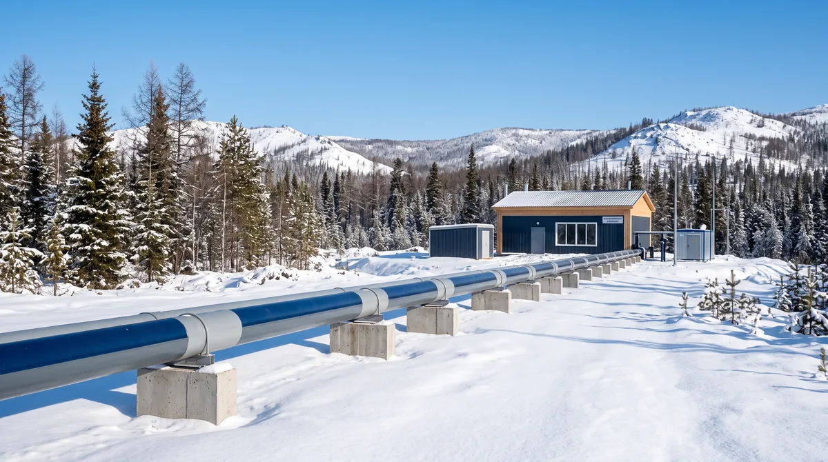 Insulated above-ground water pipes running toward apartment blocks in Neryungri