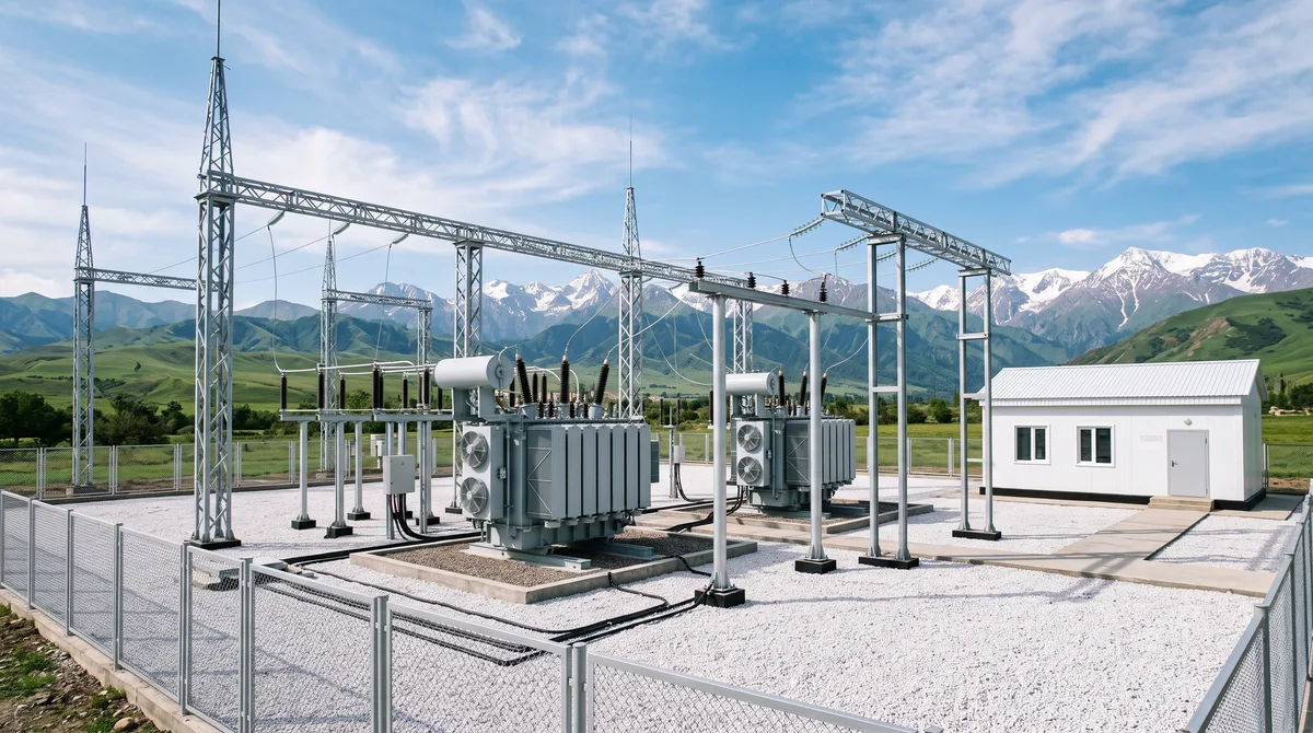 Newly commissioned distribution substation with snow-capped mountains behind