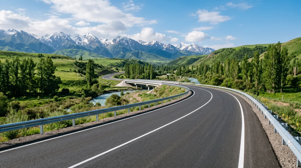 Newly surfaced highway curving through a green mountain valley