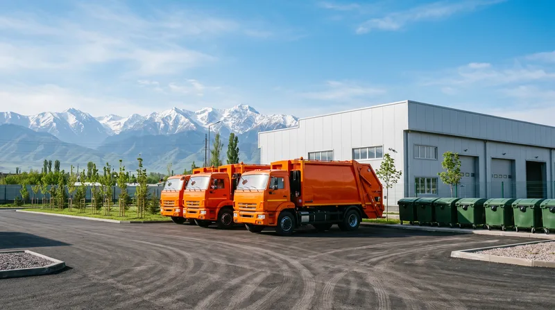 New waste collection trucks lined up at a depot with mountains behind
